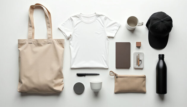 White t-shirt, beige tote bag with black cap, metal water bottle on neutral background. Mockup set includes ceramic mug, notebook with pen plus stationery. Flat lay collection for business branding