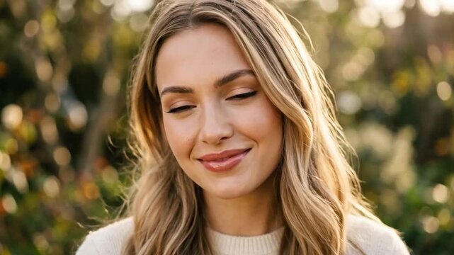 Woman with long blonde hair smiling softly outdoors in warm sunlight