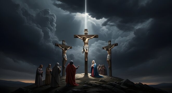 Crucifixion of jesus christ on calvary hill under dark dramatic storm clouds with crucifixion religion christianity biblical