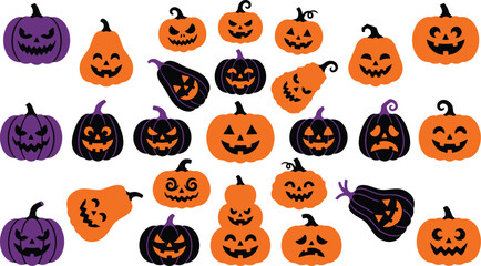 Fototapeta premium Collection of various halloween jack o lanterns and pumpkins in orange black and purple