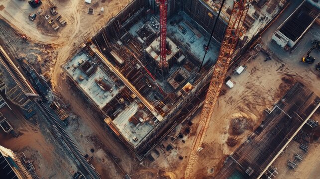 Aerial view of a large construction site with cranes and earthworks.
