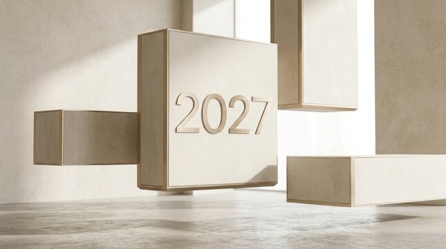 Minimalist 2027 concept architectural render with floating beige blocks and year designation