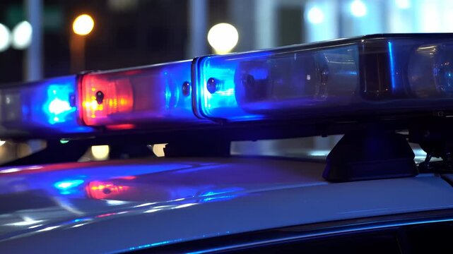 Close-up emergency vehicle lightbar glowing with red and blue LEDs on glossy rooftop at night, casting vivid reflections across dark surfaces and showing urgent warning light detail