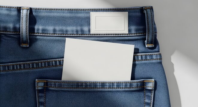 Blank white rectangular price tag mockup placed inside the back pocket of classic blue denim jeans for retail branding with clothing
