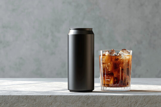 Black aluminum soda can with a glass of iced coffee