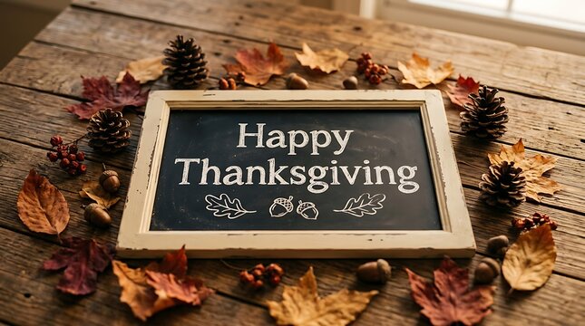 Happy thanksgiving day blackboard sign with text surrounded by autumn maple leaves, pine cones, and acorns on a rustic wooden table background