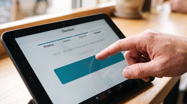 Close up of a person's finger touching a tablet screen during online checkout process