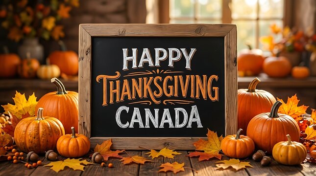 Happy thanksgiving canada blackboard sign with text surrounded by orange pumpkins, autumn maple leaves, and acorns on a rustic wooden table