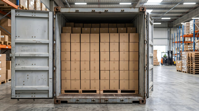 Open cargo shipping container packed with cardboard boxes inside a warehouse