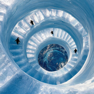 Penguins gracefully traversing a stunning icy spiral staircase nestled within a colossal iceberg