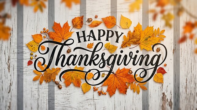 Happy Thanksgiving lettering typography with autumn leaves and acorns on white rustic wooden background