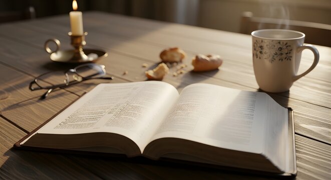 Open bible on wooden table with candle glasses and coffee mug religion scripture christianity devotion spiritual knowledge