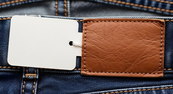 Blank white price tag attached to brown leather jeans label patch on blue denim fabric with clothing material shopping advertisemen