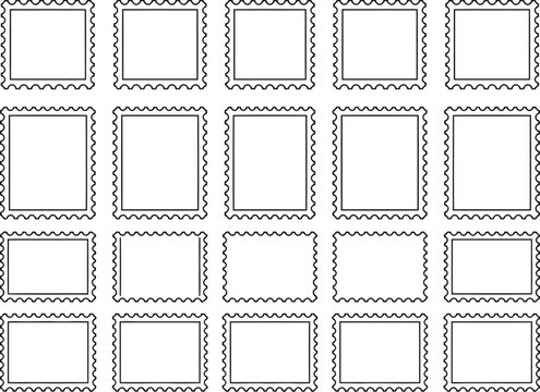 Set of blank postage stamp frames with serrated edges arranged in a grid pattern for postal mail and philately design elements isolated as a black line art vector