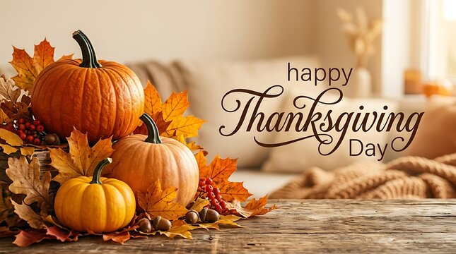 Happy Thanksgiving Day text with pumpkins, autumn leaves and acorns on rustic wooden table background