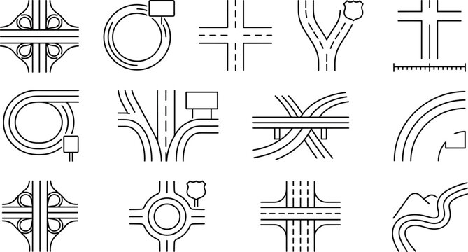 Minimalist Highway Junction and Road Intersection Line Vector Icons Set with Cloverleaf Roundabout and Traffic Map Elements for Infrastructure Planning Designs