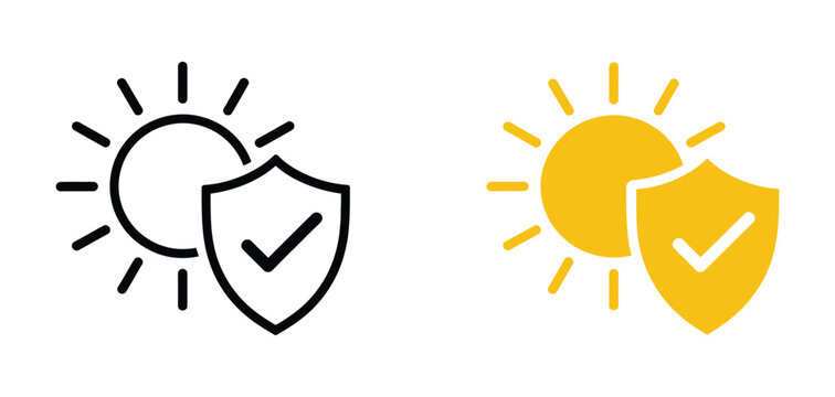 UV protection and sunscreen shield icons featuring sun safety symbols with clean minimalist vector graphics for skincare, sunblock, dermatology, healthcare, and cosmetic product branding.