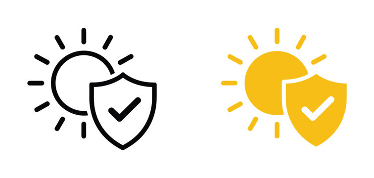 UV protection and sunscreen shield icons illustrating sunblock safety, SPF defense, and protective shield symbols with clean minimalist vector graphics for skincare, wellness, and healthcare applicati