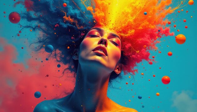 Surreal portrait of woman with colorful clouds, glowing particles exploding from head. Vibrant explosion of imagination, creative energy fills air. Modern artistic concept illustrates vivid mind