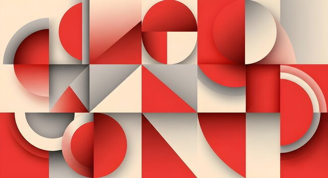 Abstract Geometric Composition Featuring Red and Beige Shapes Arranged in a Modern Bauhaus Inspired Grid Pattern for Contemporary Graphic Design