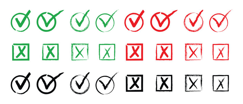 Doodle hand drawn chalk check mark and cross icon set.  Green check mark and black blue and red Doodle black check marks set.