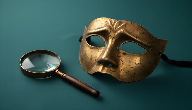 Golden Masquerade Mask and Magnifying Glass Symbolizing Mystery and Investigation