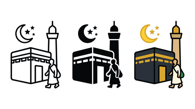 Set of mecca kaaba and muslim pilgrim icons with crescent moon and stars in different styles Vector