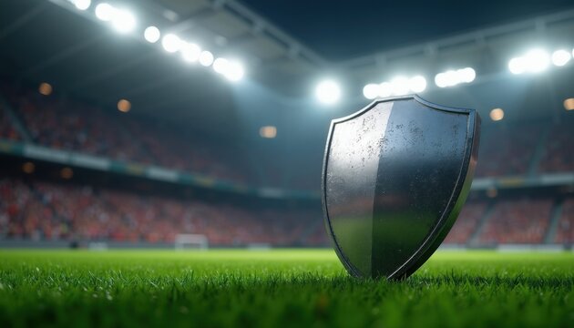 Shiny metal shield stands on green grass of soccer stadium field. Glowing lights illuminate pro arena with blurred crowd in background. Strong steel emblem victory defense, sports security. Concept