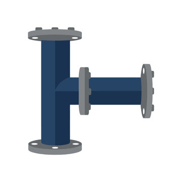 A blue industrial pipe fitting with metal flanges on white