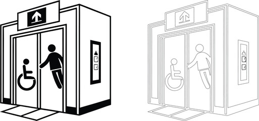 Accessible elevator entrance set featuring wheelchair user and standing person symbols in black and white line © Danial.Mehedi