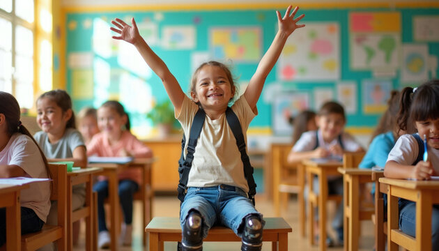Happy girl with prosthetic legs raises arms high in elementary school classroom. Cheerful child student celebrates success with classmates at desks. Joyful young kid shows resilience, strength during