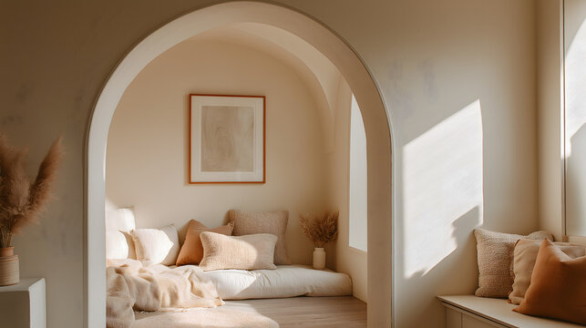 Blank frame mockup in cozy beige bedroom alcove with arch pillows and pampas grass boho interior