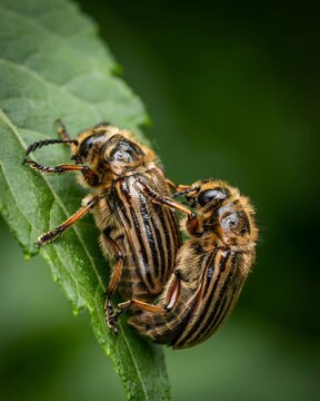 Colorado potato beetles mating on a green leaf for agriculture and pest control