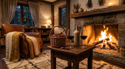 Fototapeta premium A cozy interior scene of a warm fireplace with a basket of traditional roasted pinhão and two glasses of red wine on a side table, soft rug on the floor, intimate golden lighting