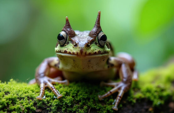 Javan horned frog sits on green mossy rock in rainforest. Small wild amphibian with sharp head horns looks at camera. Brown spotted creature rests on wood branch in tropical forest jungle habitat.