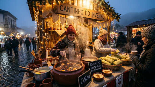 A vibrant outdoor winter market stall in a Brazilian mountain town, selling hot quent&atilde;o and corn-based treats like pamonha and curau, steam rising