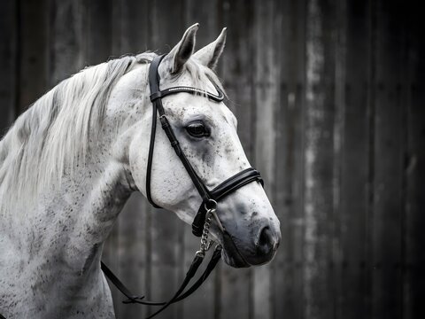 White dapple grey horse in profile wearing bridle, black and white equestrian portrait with wooden background