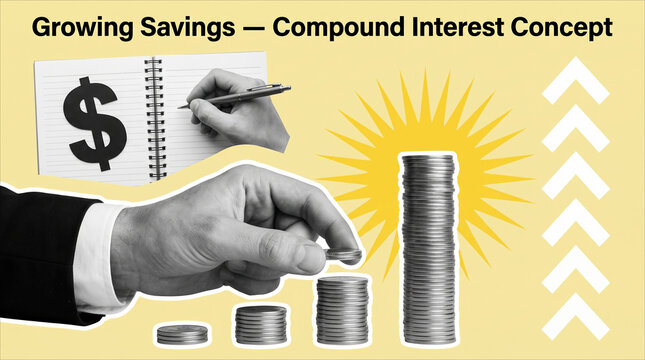 Growing Savings Compound Interest Concept - Financial Growth, Investment and Wealth Accumulation Illustration