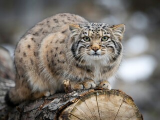 Obraz premium Pallass cat sitting on log with watchful gaze, wild animal portrait for nature and wildlife photography