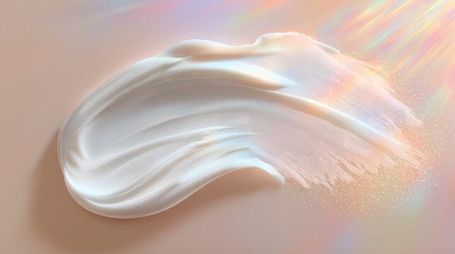 White cosmetic cream smear swatch on pearlescent iridescent holographic background