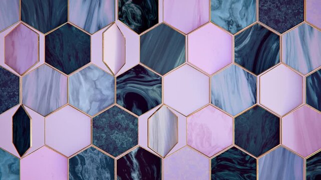 Malachite And Marble Hexagons In Golden Frame, Looped Animation