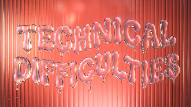 Shiny metallic gold text reading technical difficulties on a glowing orange background