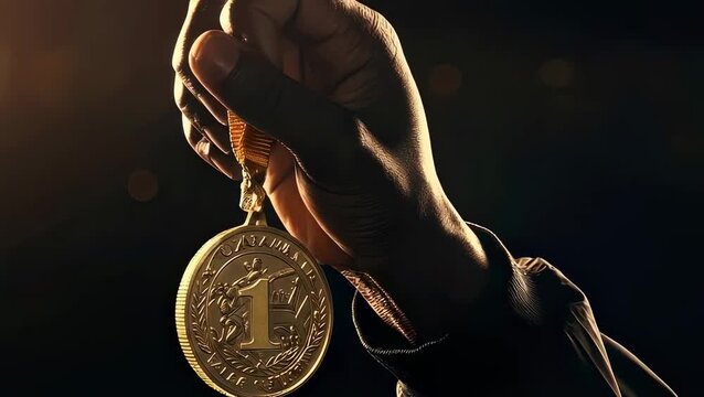 African american man holding golden medal for first place. Athlete celebrating victory with award after championship. Sports success and competitive triumph concept.