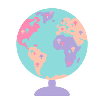 Pastel Colored Earth Globe with Cute Mushroom Icons global