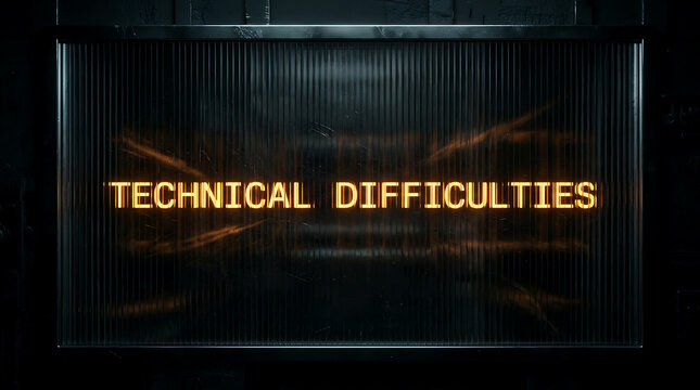 Technical difficulties sign with glowing yellow text on a dark black background