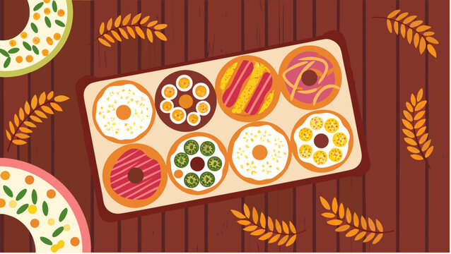 Flat vector illustration featuring assorted bagels arranged on a wooden table surface with decorative wheat stalks for a rustic bakery concept design