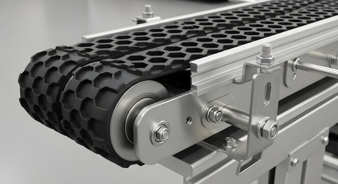 Industrial Conveyor Belt System Featuring Black Hexagonal Pattern Rubber Tracks for Automated Material Handling and Manufacturing Logistics Automation