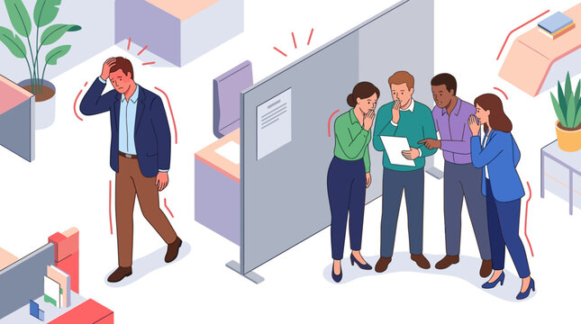 illustration of man walking alone while others gossip behind