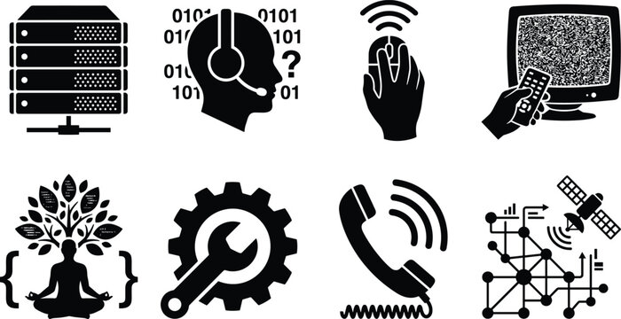 Information technology computer networks data science and tech support vector icon set black silhouette isolated on white background