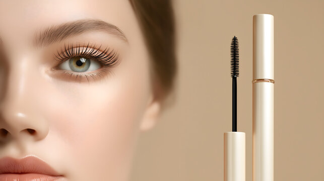 Beautiful woman applying mascara with brush wand near eye with cosmetic tube on beige background